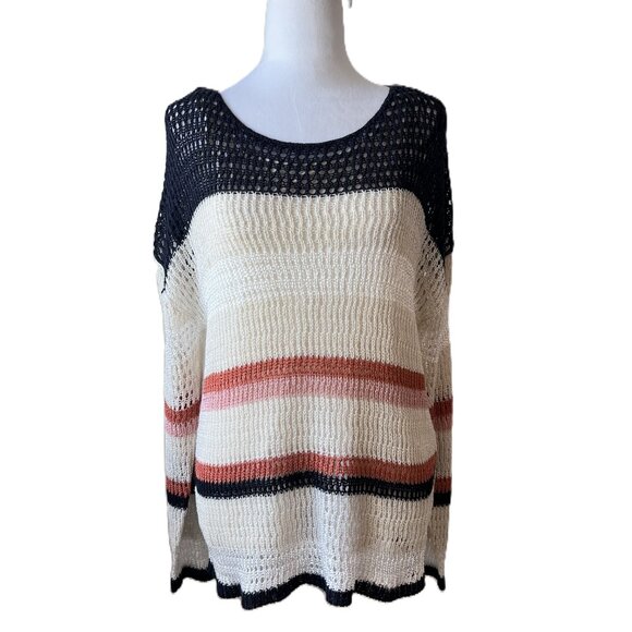✨Laura Nautical  Open Weave Knit Sweater Quiet Luxury Crochet Top Size L✨ - Picture 1 of 16